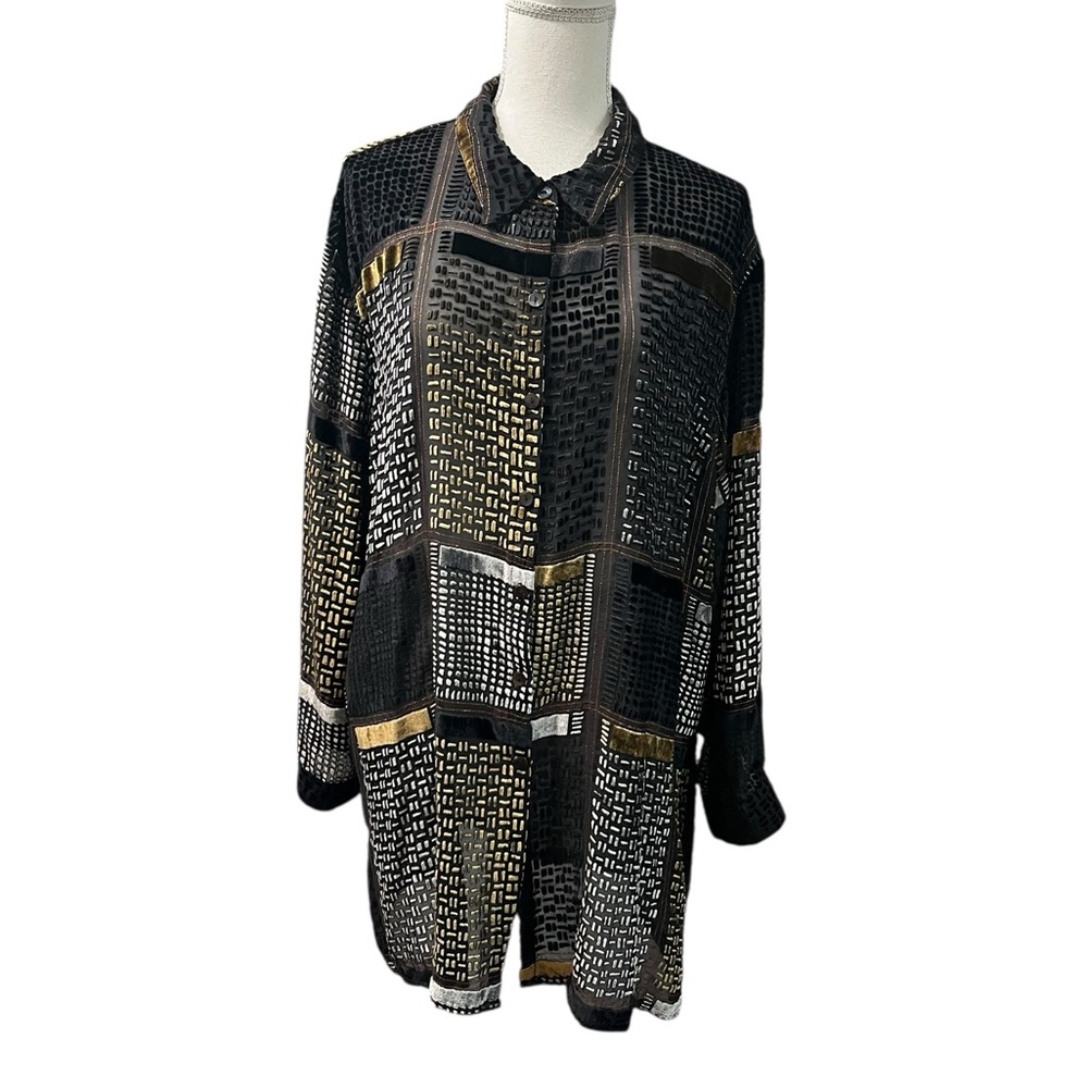 Chico's Black Tunic with Gold and White Grid Pattern